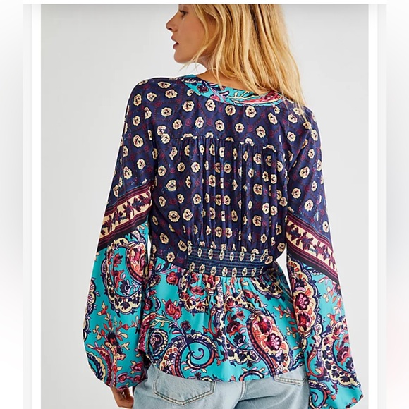 Free People Run Free Blouse - Navy and Turquoise - Picture 2 of 10